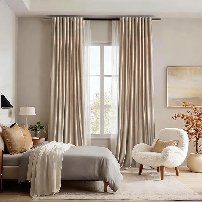 100% Full Blackout Champagne Beige Polyester Velvet Curtains 96 inch Long for Living Room,Set of 2 Liner Rod Pocket Back Tab Thermal Window Curtains Room Darkening Heavy Decor Drapes for Bedroom