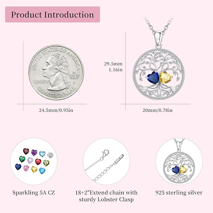 Mothers Day Gifts for Women，925 Sterling Silver Family Tree of Life Pendant Necklaces with 2 Heart Birthstone Jewelry Birthday Anniversary Christmas Gifts for Her Girlfriend Mom Wife Grandma Daughter