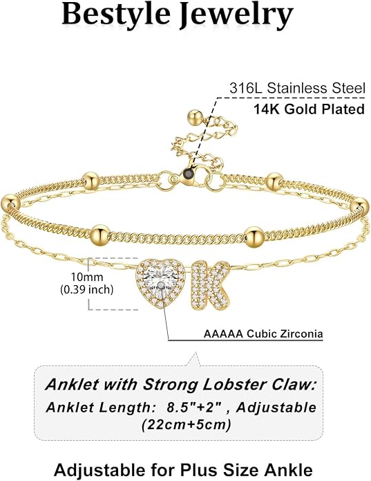 Bestyle Initial Anklet Bracelets for Women Waterproof Non Tarnish 14K Gold/White Gold Plated CZ Anklets for Women Dainty Layered Letter Heart Ankle Bracelets Adjustable Foot Chain Anklet