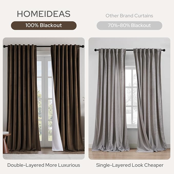 HOMEIDEAS 100% Blackout Brown Velvet Curtains, Thermal Noise Reduction Soft Luxury Vintage Christmas Velvet Curtains for Bedroom Decor, Living Room, Home, 52 X 84 Inch, 2 Panels