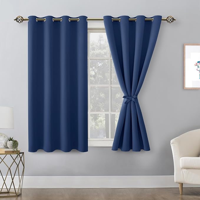 Hiasan Blackout Curtains for Bedroom, 52 x 54 Inches Long - Thermal Insulated & Energy Saving Window Curtains for Living Room, 2 Drape Panels Sewn with Tiebacks, Navy