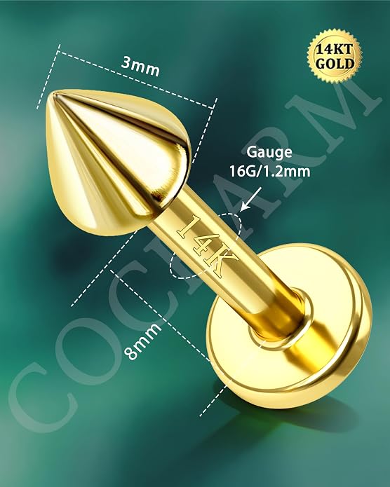 COCHARM 14k Solid Gold 16g Labret Studs Real Yellow Gold Medusa Monroe Madonna Stud Lip Piercing Helix Cartilage Conch Earring Stud