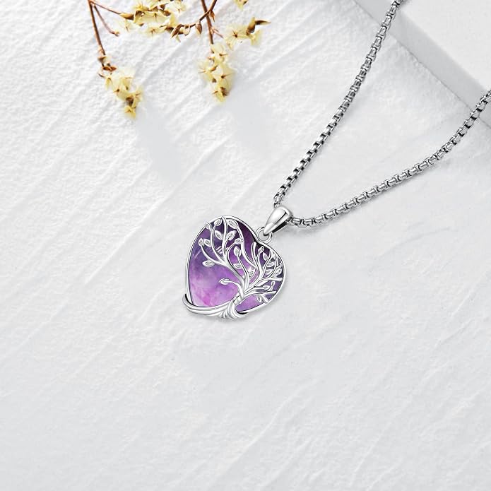 Turquoise/Amethyst/Moonstone/Black Onyx Tree of Life Necklace for Women Hummingbird Necklaces White Gold Plated Copper Jewelry
