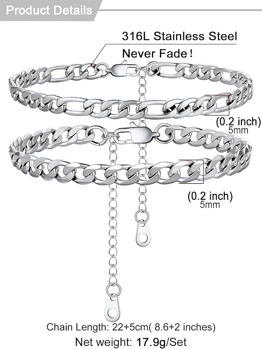 U7 2Pcs/3Pcs Ankle Bracelets for Women, Stainless Steel Cuban Link/Figaro/Rope/Heart Chain Anklets Sets,Waterproof Layered Anklets Adjustable 8.5"-10.5"