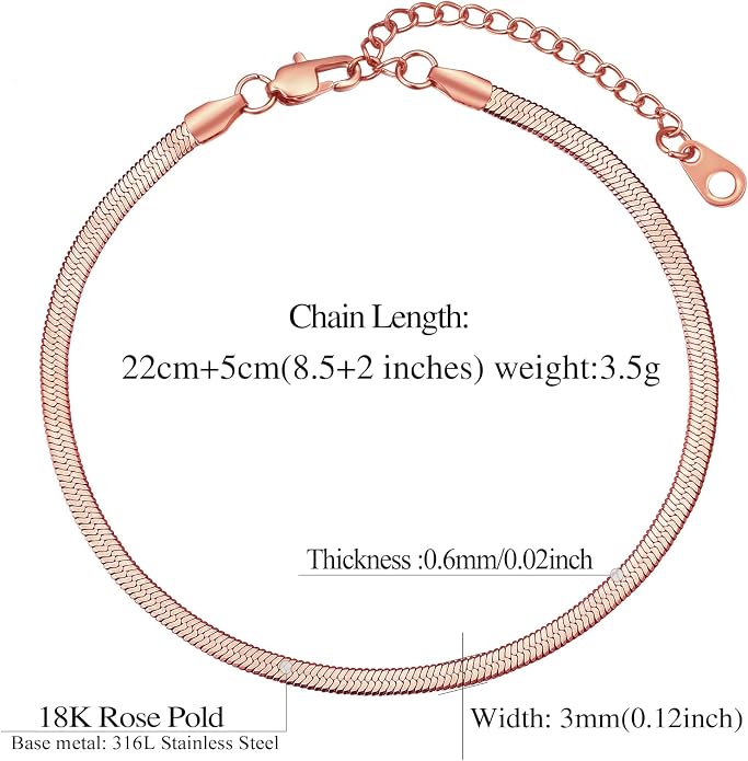FindChic Elegant Herringbone Snake Chain Anklets/Bracelets 3MM/5MM Width Stainless Steel/18K Gold/Rose Gold Plated/Black 4 Color Options, 8.3'' 8.5'' 10.5'' Length, with Gift Box