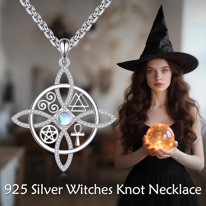 YAFEINI Sterling Silver Witches Knot Pendant Necklace - Celtic Cross Witch Jewelry Amulet Gifts for Women