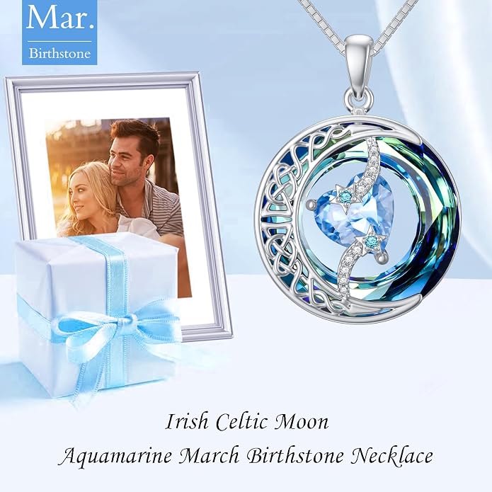 TOUPOP Birthstone Necklace 925 Sterling Silver Moon and Star Pendant Celtic Moon Jewelry with Blue Crystal Anniversary Birthday Gifts for Women Mom Wife Her