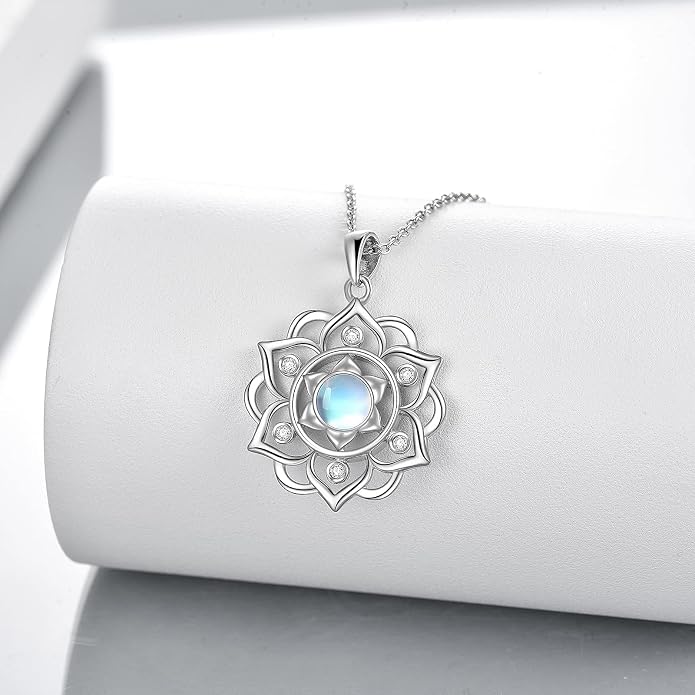 ONEFINITY Lotus Necklace 925 Sterling Silver Moonstone Pendant Necklace Yoga Lotus Jewelry for Women
