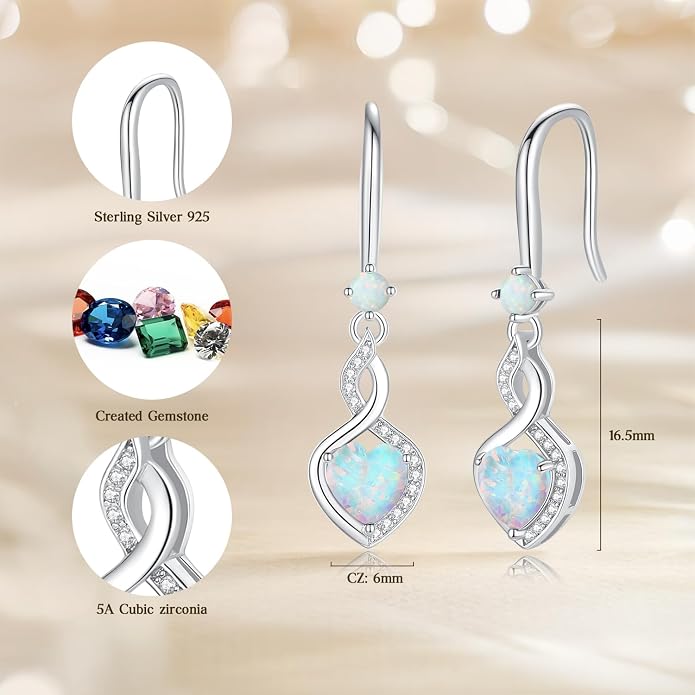 FANCIME Heart Infinity Dangle Drop Earrings 925 Sterling Silver Heart Gemstone Birthstone Earring