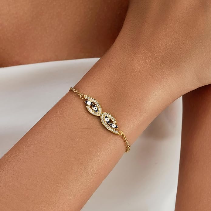 Cicy Bell Evil Eye Bracelets 18k Gold Plated Turquoise Zirconia Link Bracelets Trendy Jewelry Gift for Women Adjustable 5.9" with 1.9'' Extender