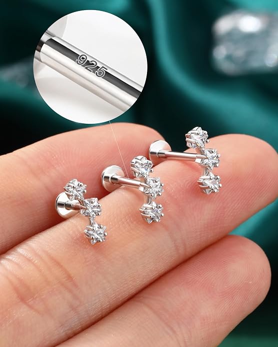 COCHARM 925 Sterling Silver Flat Cartilage Earrings Stud 16g 6mm 8mm 10mm Flat Back Helix Piercing Jewelry Star Tragus Earring Silver Climb Conch Jewelry Hypoallergenic Conch Earrings for Women Man