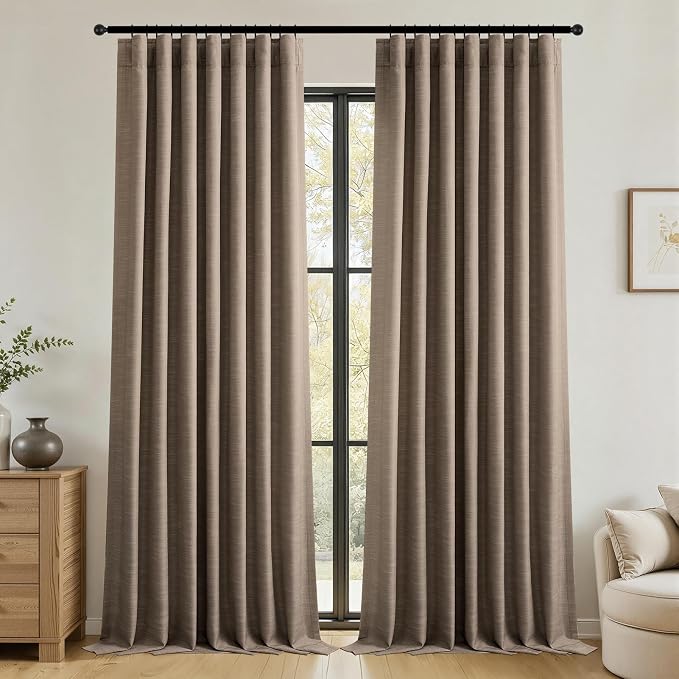 Topfinel Dark Flax Blackout Curtains 102 Inch Long 2 Panels Set, Taupe Linen Room Darkening Drapes Back Tab and Rod Pocket High-End Memory Trained Panels for Modern Boho Family Homes 52" W*102" L
