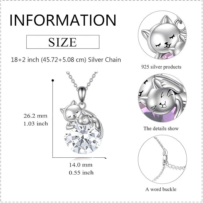 Cat Necklace Sterling Silver Cat Zircon Pendant Gothic Jewelry for Women Animal Lovers Gifts