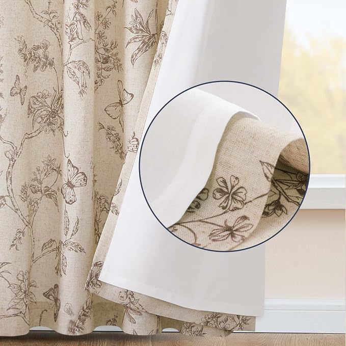 jinchan Taupe Floral Linen Curtains Lined 63 Inch Vintage Back Tab 2 Panels | Privacy lining, light filtering drapes, cottagecore, french country, farmhouse, bedroom, living room, window treatment
