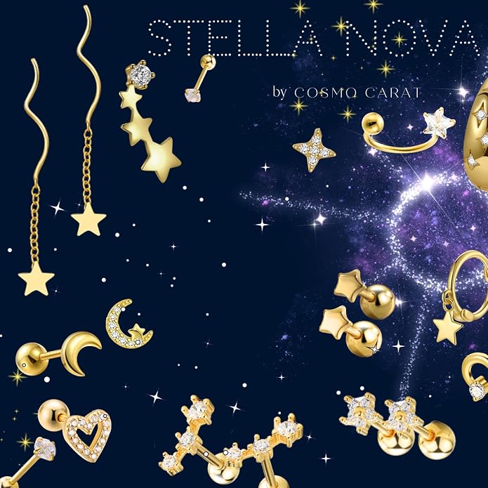 COSMO CARAT 14K Gold Plated Nap Earrings 925 Sterling Silver Star Moon CZ Stud Earrings Screw Back Hypoallergenic Celestial Tiny Cartilage Helix Second Piercing Earrings For Women