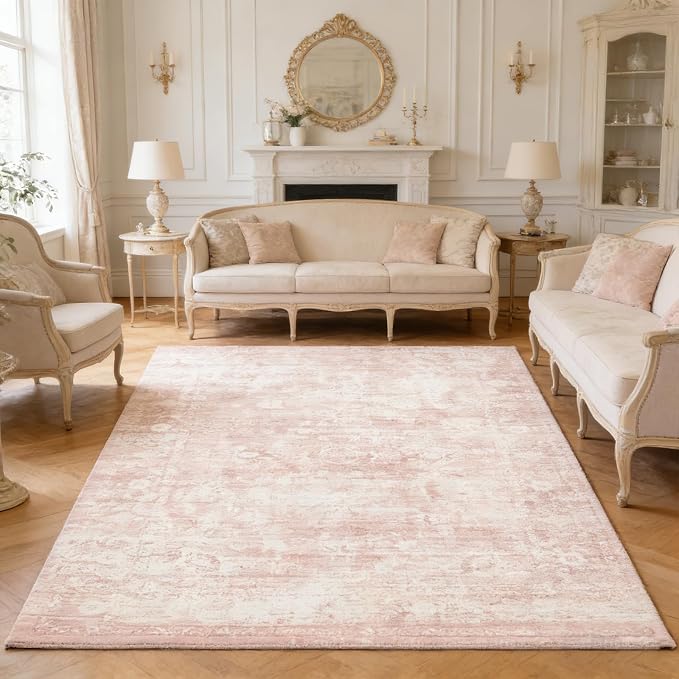 Homemate Washable Rug 6x9 Area Rugs - Vintage Faux Wool Rugs for Living Room Bedroom Dining Room - Non Slip Foldable Carpet Indoor Area Rug for Home Decor（6'x9', Pink