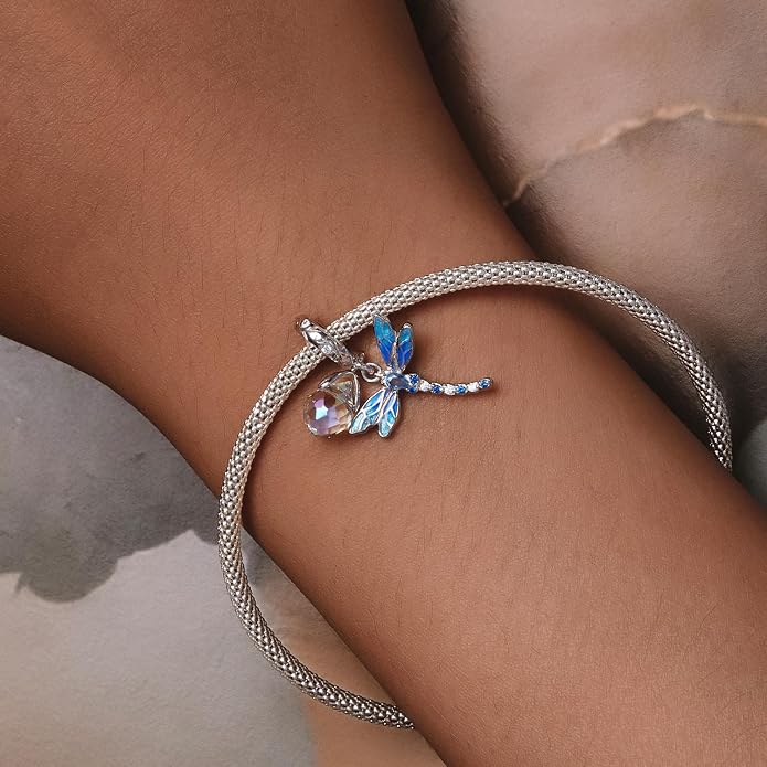 NINGAN 925 Sterling Silver Charm Golden Love Charm Buckle Safety Chain Travel Bead Firefly Dragonfly Pendant, Suitable for Women Bracelet and Necklace as Gift from Mom and Friends