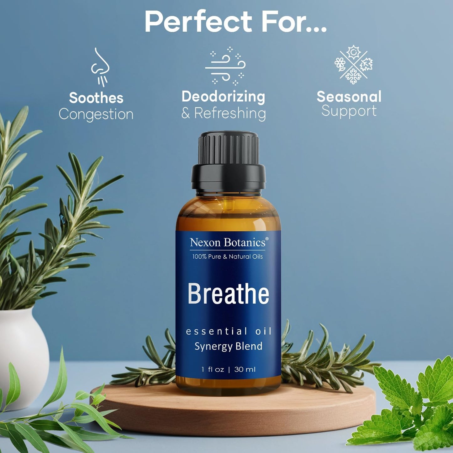 Breathe Essential Oil Blend 30 ml - Breath Sinus Relief with Menthol Oils - for Humidifiers, Diffusers, and Aromatherapy - Nexon Botanics