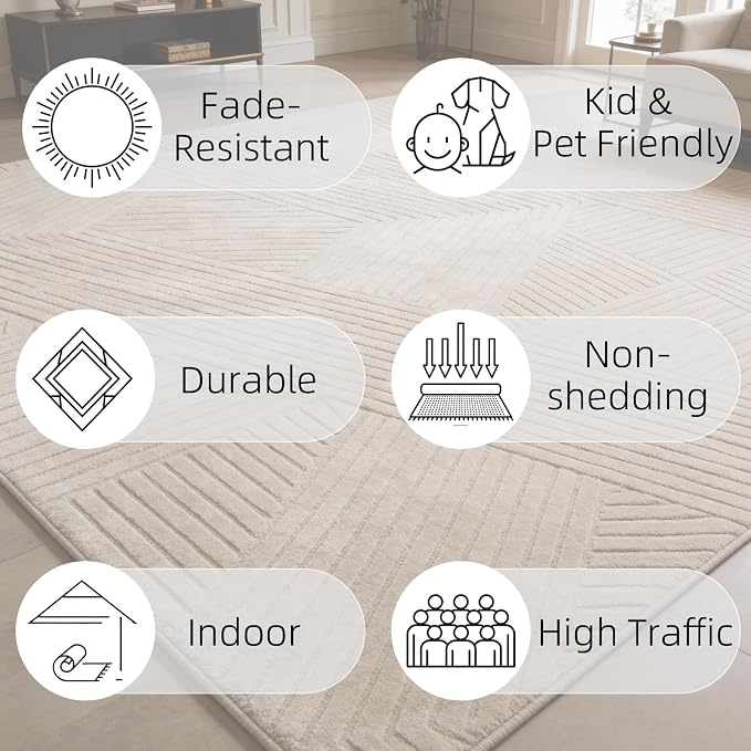 5x7 Solid Color Area Rugs, Brown Modern Geometric Rug, Living Room Rug, Durable Non-Slip Soft High-Low Pile, Fluffy Floor Rugs for Bedroom, Kids Room, Nursery, Home Décor, Light Brown