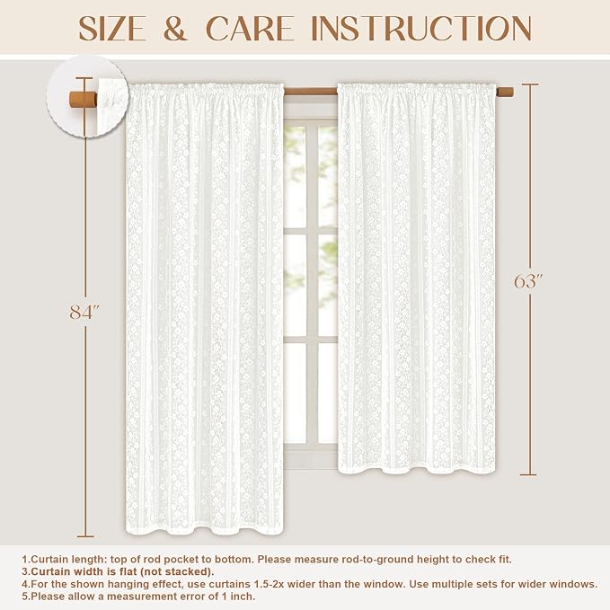 ASPMIZ Linen Curtains for Living Room Double Layer Curtains with Linen Lace, White Curtain for Bedroom Light Filtering, Rod Pocket Drapes 63 Inch Length 2 Panels Set with 2 Tiebacks, 52x63