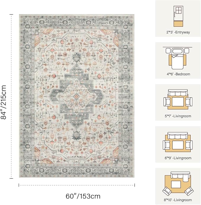 Rugxara 5X7 Taupe Washable Area Rug for Living Room, Vintage Boho Rugs for Office, Dining Room, Kids Room, Farmhouse, Low Pile Non Slip Carpet for High Traffic Areas