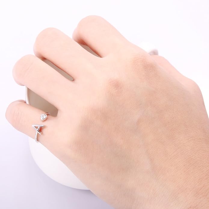 VIKI LYNN 925 Sterling Silver Rings Size 4.5 Adjustable Initial Letter Ring with Cubic Zirconia-Personalized Gifts for Women