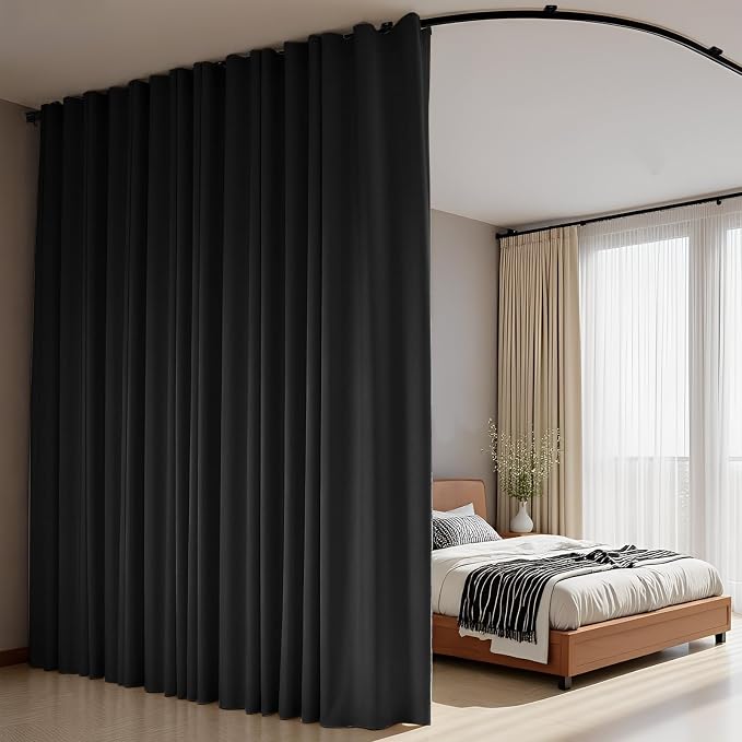 Room Divider Curtains Flexible Ceiling Tracks set Curtain track Ceiling Mount Blackout Curtain for Living Room Bedroom Ceilings Curtains Rod Privacy Dividers Panels W150 x H84 Black Drape & Black rail