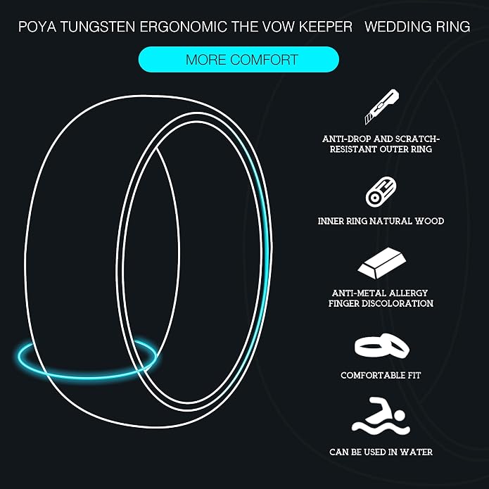 Forest Rings for Men 8 mm Black Plated Wedding Band with Wood Liner Comfort Fit