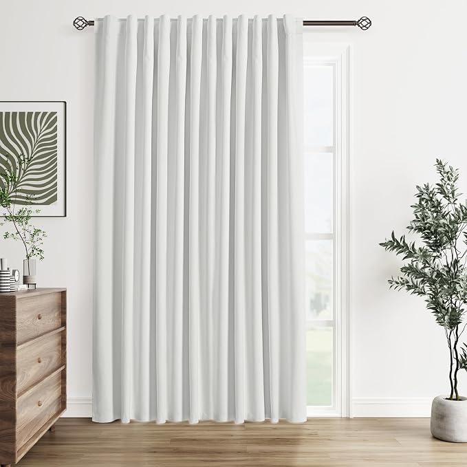 100% Blackout Extra Wide 100 Inch Linen Patio Silding Door Curtains 84 Inches Long for Bedroom Living Room Divider Curtain Back Tab Thermal Insulated Black Out Window Drapes, 1 Panel, White, 100x84