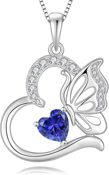 Butterfly Necklace for Women 925 Sterling Silver Heart Pendant Birthstones Jewelry Gift