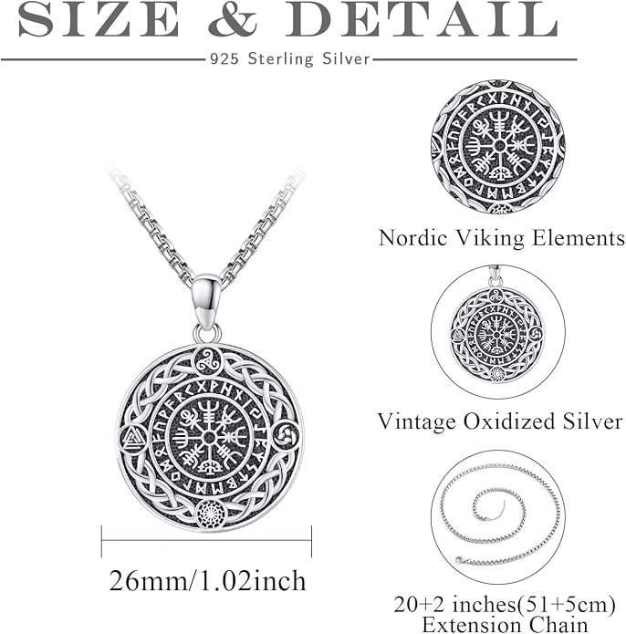 Celtic Knot Necklace 925 Sterling Silver Raven/Compass/Triquetral/Pentagram Celtic Viking Pendant Egyptian Jewelry Gifts for Men