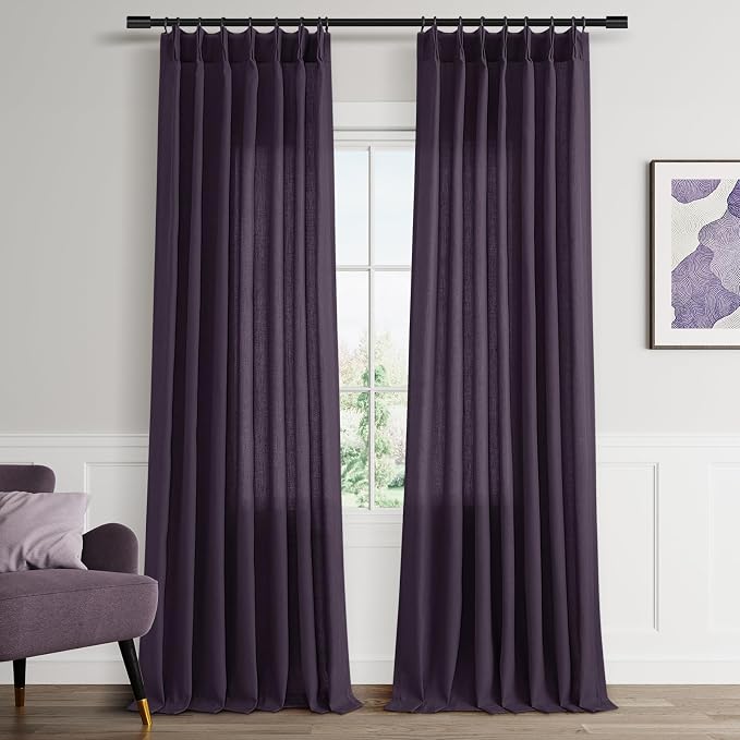 Aersas Plum Pinch Pleated Linen Curtains 108 Inch Length 2 Panels for Living Room Bedroom Semi Sheer Window Curtain Boho Neutral Back Tab Pinch Pleat Drape with Hooks 40x108