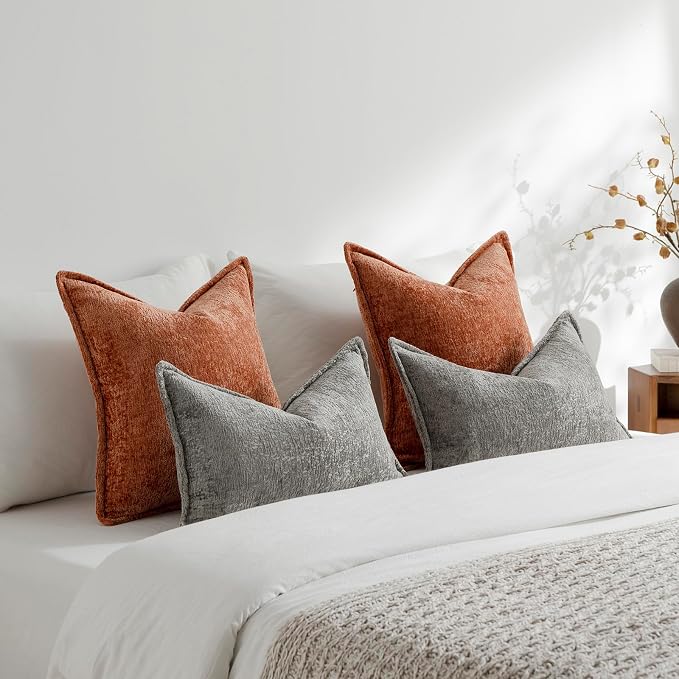 DEZENE Pack of 2 Burnt Orange Fall Decorative Throw Pillow Covers 20x20 Cozy Soft Chenille Boho Accent Vintage Farmhouse Square Couch Pillow Covers for Home Decor Bed Sofa Living Room