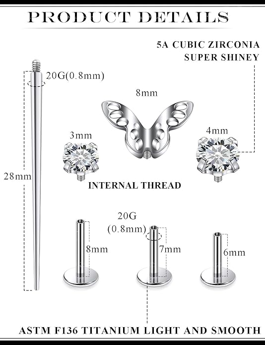 20G 18G 16G Astm F136 Titanium Internal Thread Flat Back Earrings Nose Studs Tragus Forward Helix Conch Cartilage Lobe Earring Stud Medusa Labret Monroe Lip Ring Piercing Jewelry For Women Men