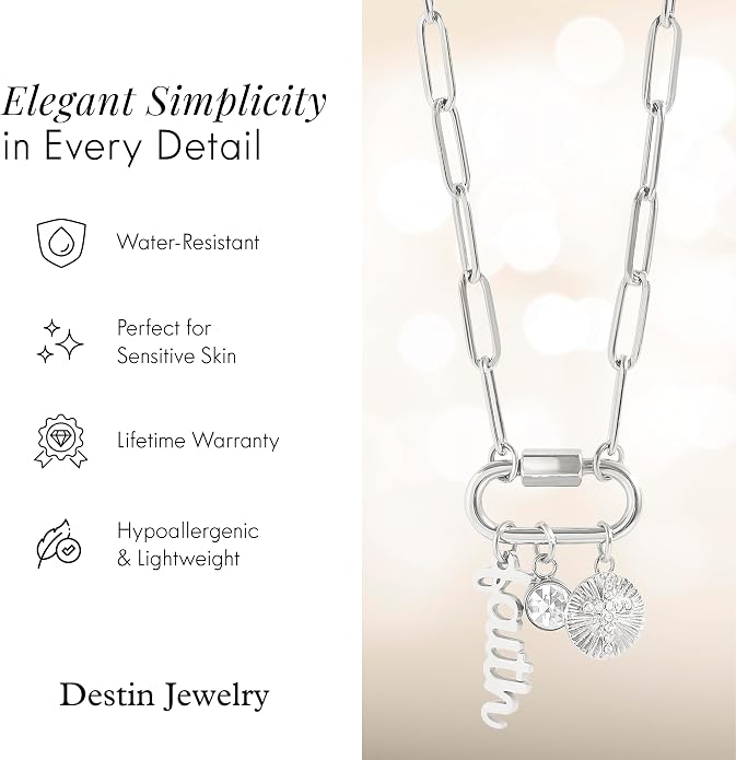 Destin Jewelry 18K Gold PVD Faith Charm Necklace for Women, Chunky Paperclip Chain with Carabiner Charm Keeper and Message, Stainless Steel Necklace 18"+2"