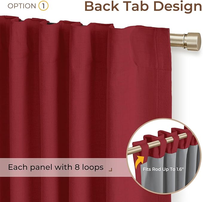 INOVADAY 100% Blackout Curtains 96 Inches Length 2 Panels Set, Back Tab/Rod Pocket Linen Black Out Curtains for Bedroom, Thermal Insulated Window Drapes - Ruby Red, W50 X L96
