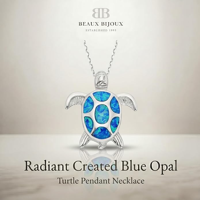 Created Blue Opal Ocean Necklace for Women, 925 Sterling Silver Pendant, 18 Inch Chain, Beach and Sea Life Jewelry Collection