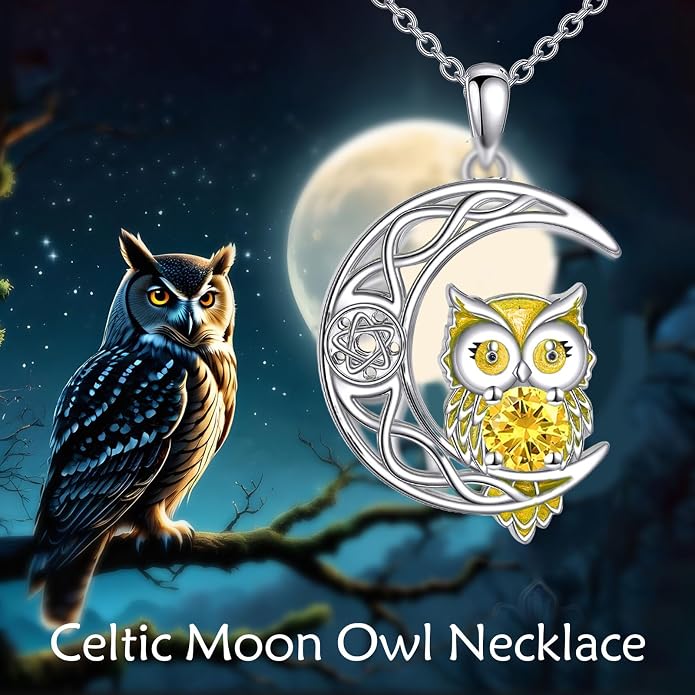 Owl Birthstone Necklace Sterling Silver Celtic Moon Pendant Cubic Zirconia Owls Jewelry Birthday Gifts for Women Men