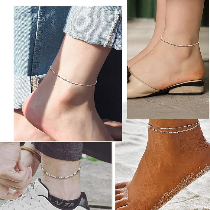 PROSILVER 925 Sterling Silver Ankle Bracelets For Women, Stylish Chain Anklets, Summer Beach Jewelry, 8.6-10.6 Inch Adjustable, Come with Box