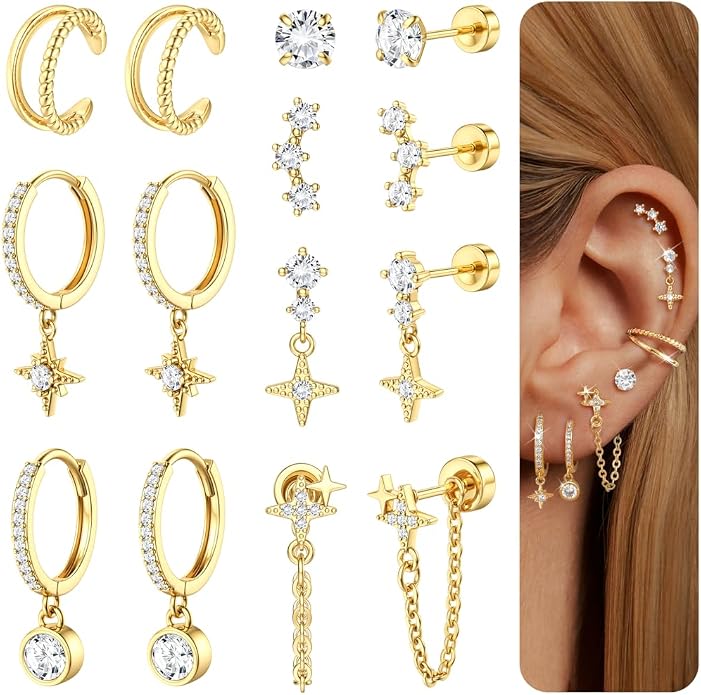 Dochais Flat Back Cartilage Earrings for Women Trendy Dainty CZ Flatback Studs Earing Sets 14k Gold Plated Hypoallergenic Huggie Hoops Earring Stacks for Multiple Piercing