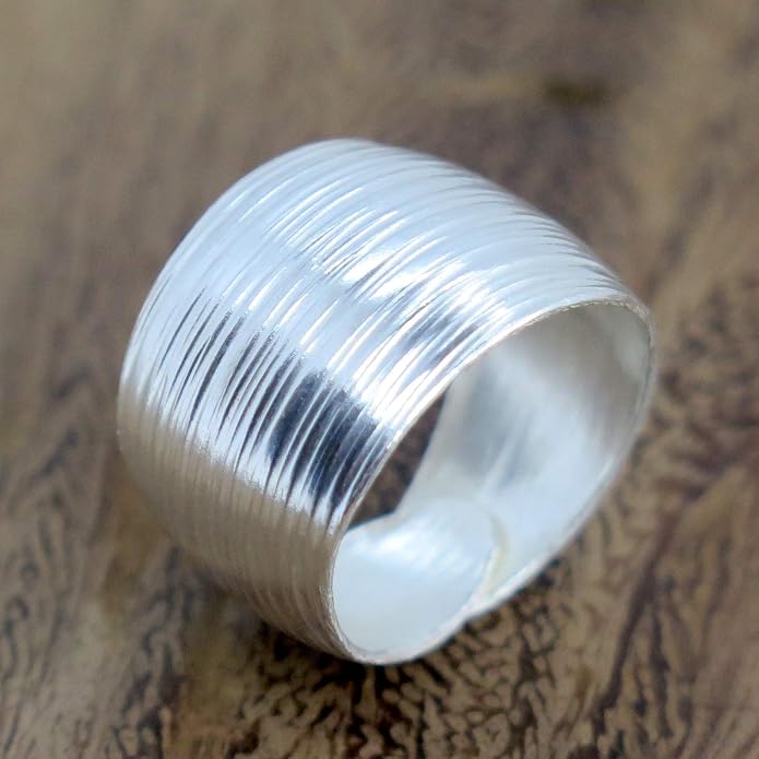 Sterling Silver Handmade Wide Convex Band Ring, Classic Semi-Shiny Finish Wrap Band, Adjustable to Sizes 6-11, Can fit Also as Thumb ring, Gift for Her