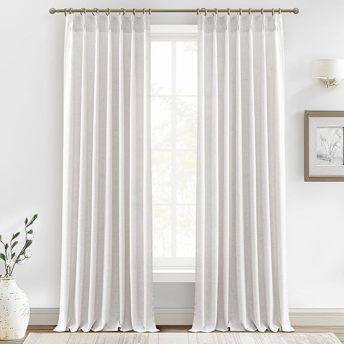144 Inch Extra Long Beige White Light Filtering Sheer Curtains for Living Room 2 Panel Set, Memory Shape Pinch Pleat Natural Linen Floor to Ceiling Windows Drapes Privacy Elegant Curtain 12FT Length