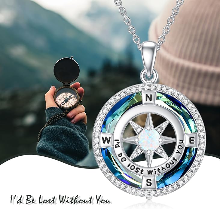 TOUPOP Necklace Gifts for Wife Compass Jewelry Women Anniversary Girlfriend Birthday Gift for Her Valentines I'd be Lost without You Sterling Silver Birthstone Necklaces