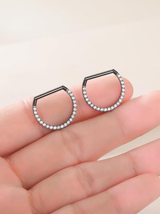 Oveta Titanium D Shaped Nipple Rings 14G for Nipple Piercing Jewelry Higned Segment Clicker Ring Hoops 11mm 12mm 14mm for Women Men, Silver Gold Black, 2PCS