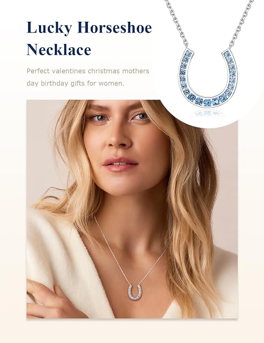 Luck Horseshoe Necklace 14K Gold Plated/Sterling Silver Created Gemstone Pendant with Chain Channel Set U Shaped Charm Necklace Birthstone Jewelry