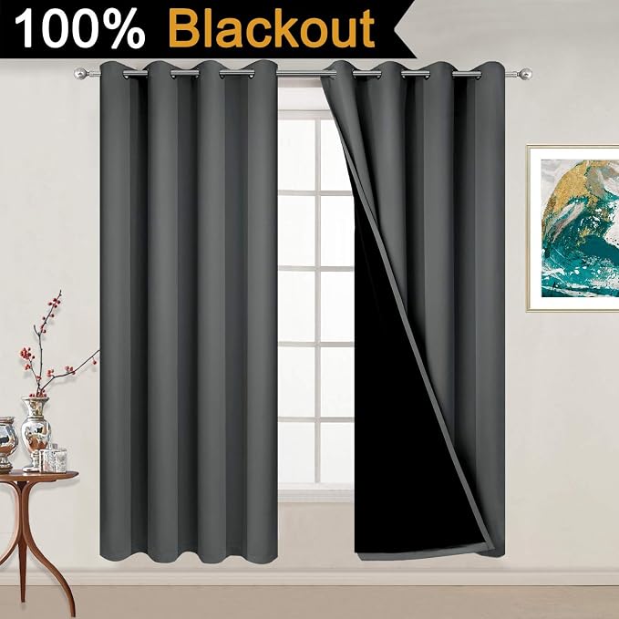 Yakamok Dark Grey 100% Blackout Curtains 54 Inches Long 52" Wide 2 Panels | Blackout Curtain Panels for Bedroom, 2 Thick Layers Grommet Top Thermal Insulated Drapes with Black Liner for Living Room