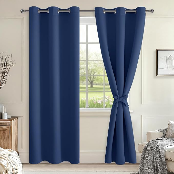 Hiasan Blackout Curtains for Bedroom, 38 x 84 Inches Long - Thermal Insulated & Energy Saving Window Curtains for Living Room, 2 Drape Panels Sewn with Tiebacks, Navy