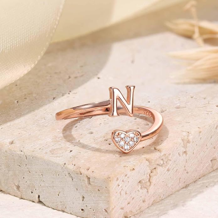 MILACOLATO 925 Sterling Silver Initial Rings for Women Teen Girl 18K Gold Plated Heart Initial Rings Adjustable Capital Letter Ring Stackable Thumb Pinky Rings for Daughter Birthday Bridesmaid Gifts Jewelry, A to Z
