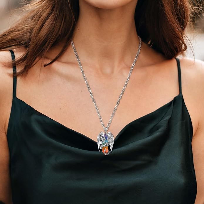 INFUSEU Unique Dragon Necklaces with Healing Crystal Stone for Men Women, Personalized Spiritual Gifts, 24 Inch Chain