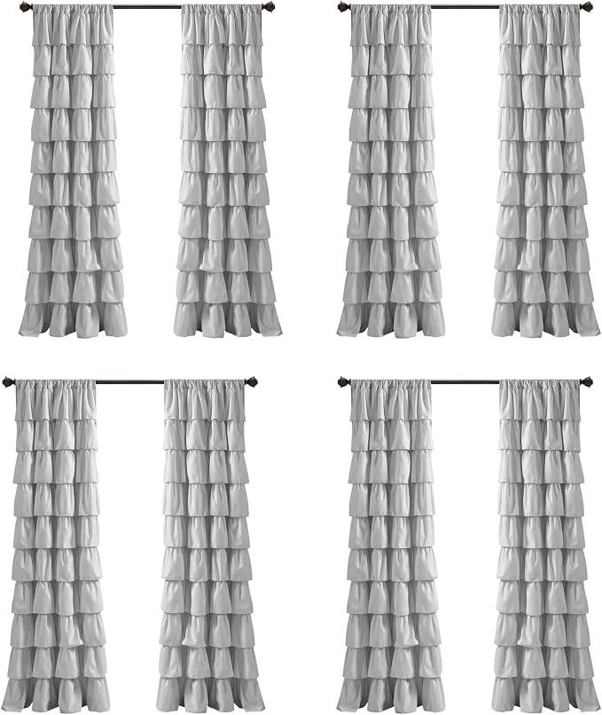 Lush Decor Light Gray Ruffle Window Curtain-Shabby Chic Farmhouse Style Panel for Living, Dining Room, Bedroom (Single), 84” x 50 L (Pack of 4)